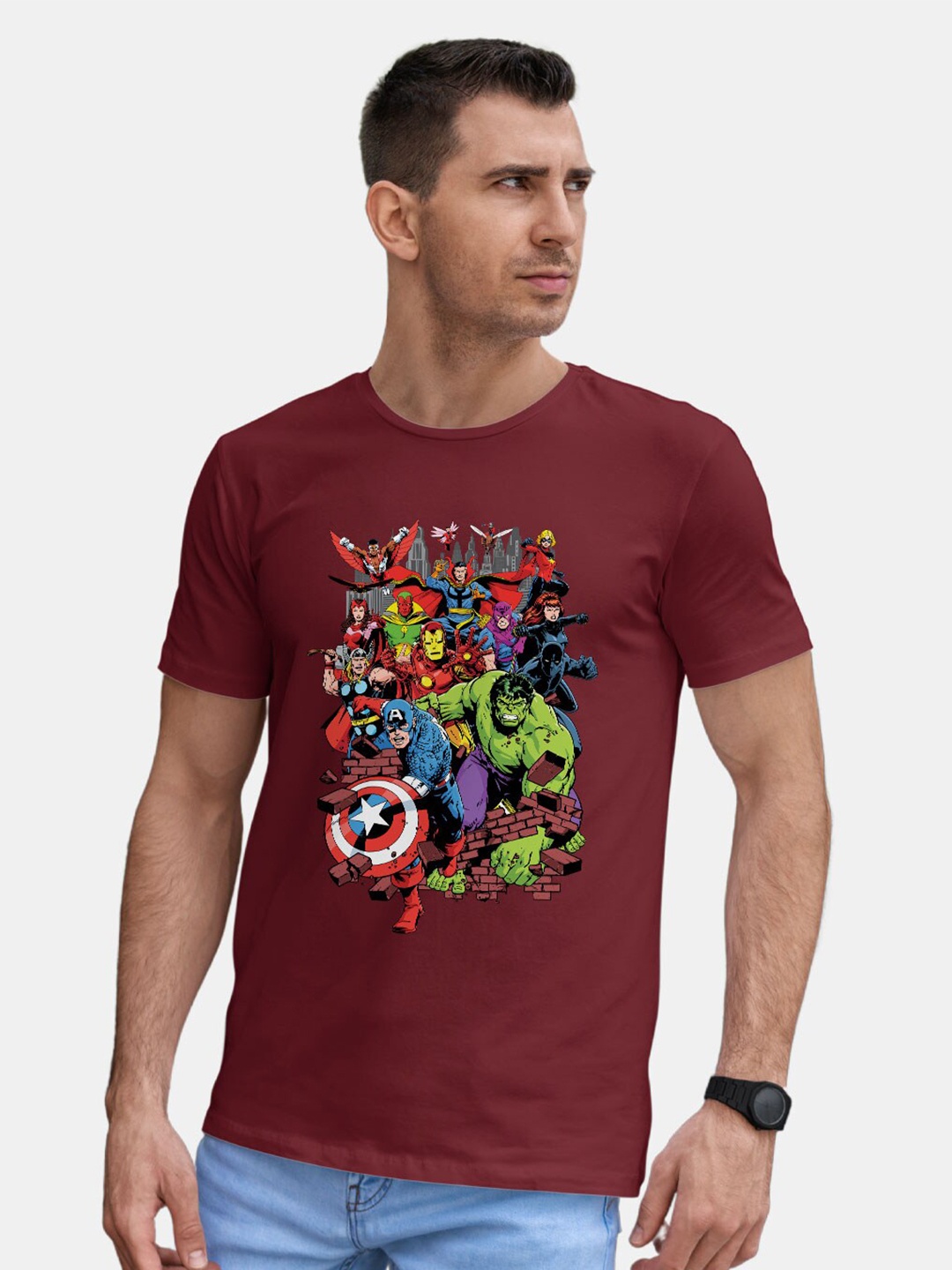 

macmerise Bio Finish Avengers Graphic Printed Cotton T-shirt, Maroon