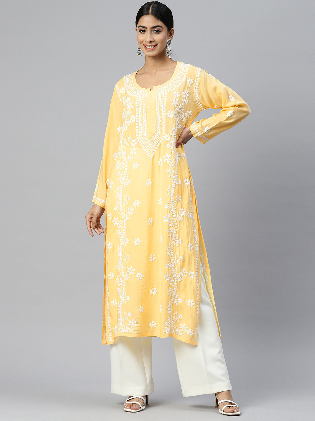 

PARAMOUNT CHIKAN Ethnic Motifs Embroidered Chikankari Cotton Kurta, Yellow