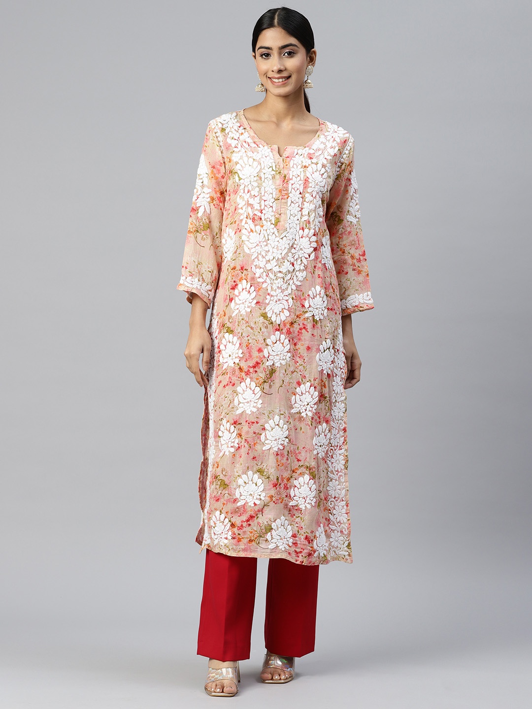

PARAMOUNT CHIKAN Floral Embroidered Chikankari Cotton Kurta, Coral