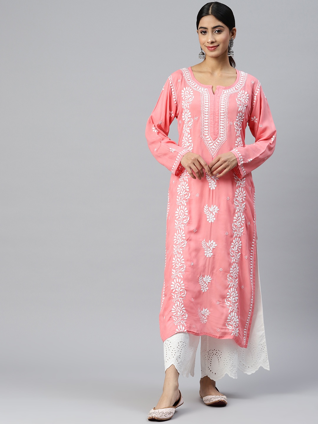 

PARAMOUNT CHIKAN Women Floral Embroidered Chikankari Kurta, Coral