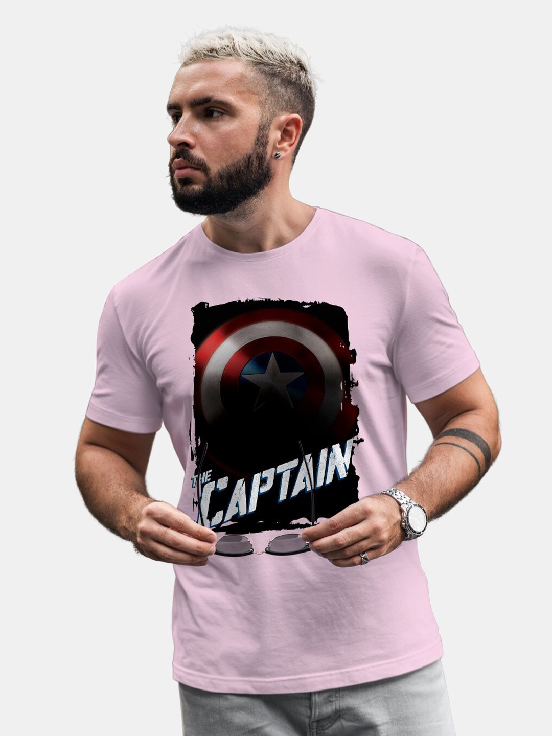 

macmerise Captain America Printed Round Neck Bio Finish Cotton T-shirt, Pink