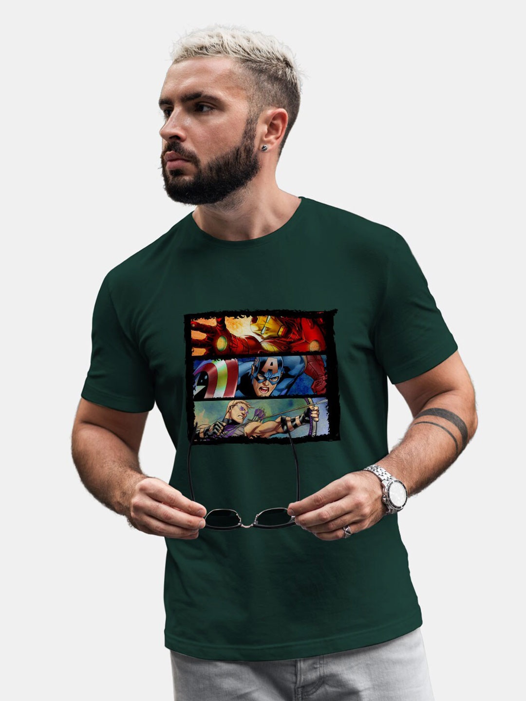 

macmerise Avengers Printed Round Neck Bio Finish Cotton T-shirt, Green