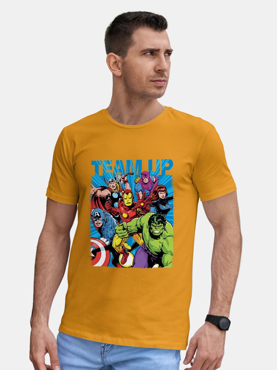 

macmerise Avengers Printed Round Neck Bio Finish Cotton T-shirt, Yellow