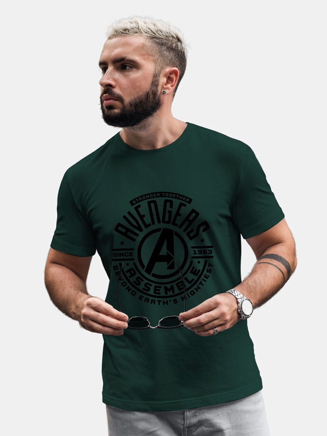 

macmerise Avengers Typography Printed Bio Finish Cotton T-shirt, Green