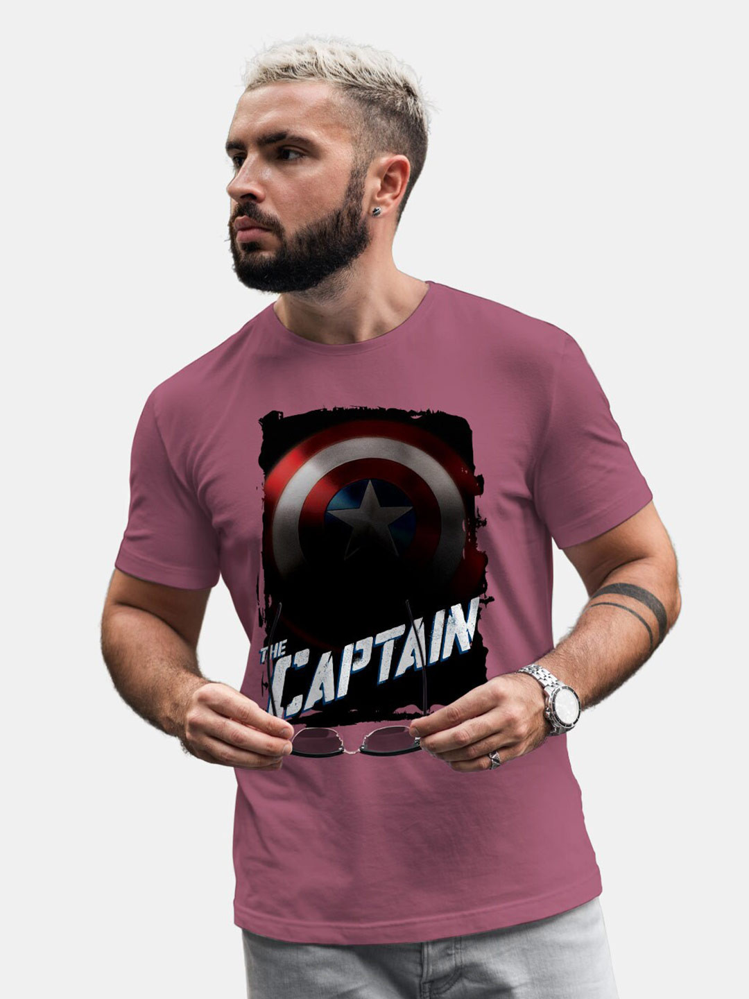 

macmerise Captain America Printed Round Neck Bio Finish Cotton T-shirt, Mauve