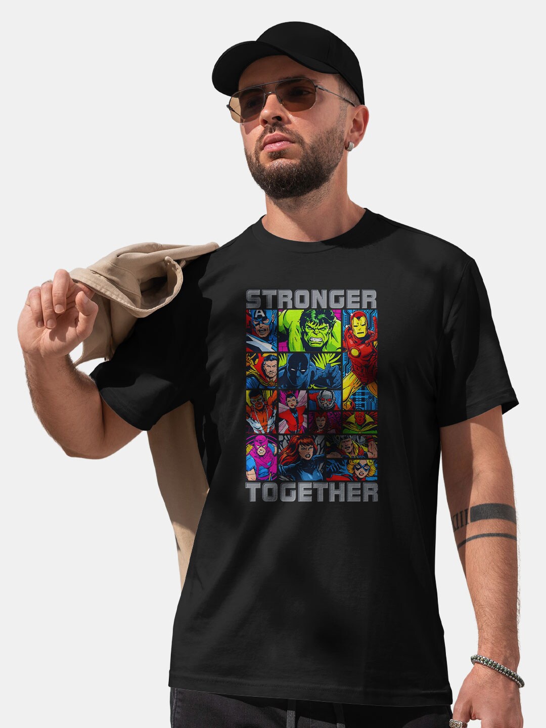 

macmerise Stronger Comic Printed Bio Finish Cotton T-Shirt, Black