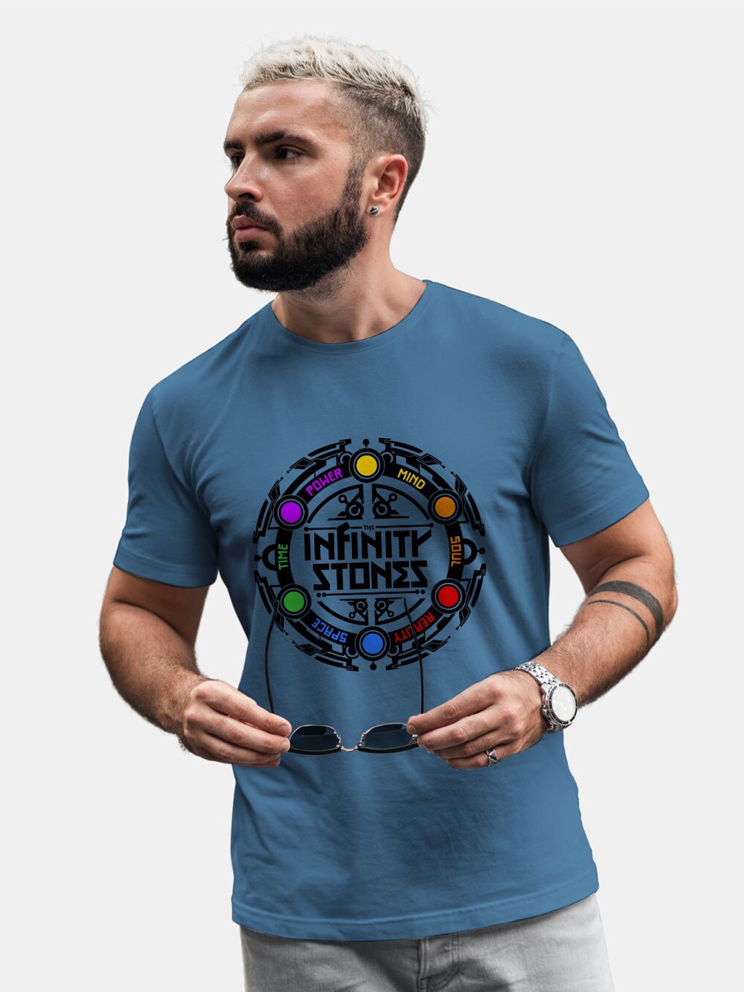 

macmerise Infinity Stone Printed Bio Finish cotton T-shirt, Blue