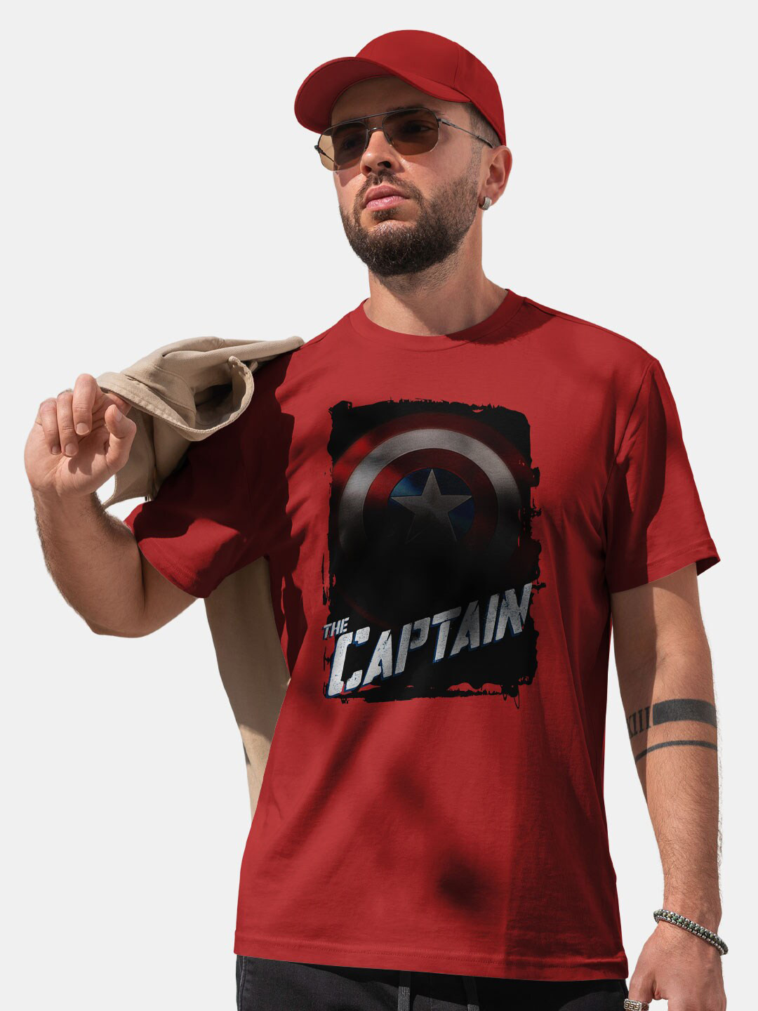 

macmerise Captain America Printed Round Neck Bio Finish Cotton T-shirt, Red