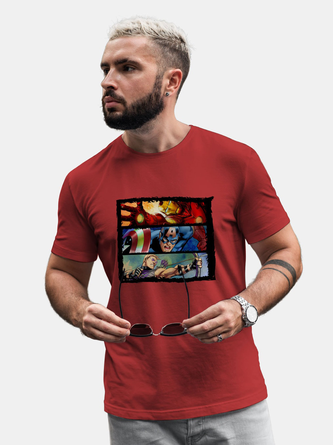 

macmerise Avengers Printed Round Neck Bio Finish Cotton T-shirt, Red