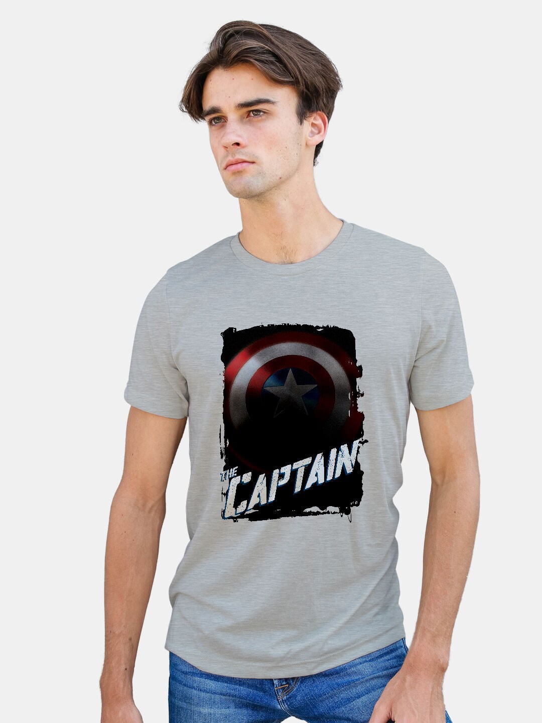 macmerise Captain America Printed Bio Finish Cotton T-shirt, Grey