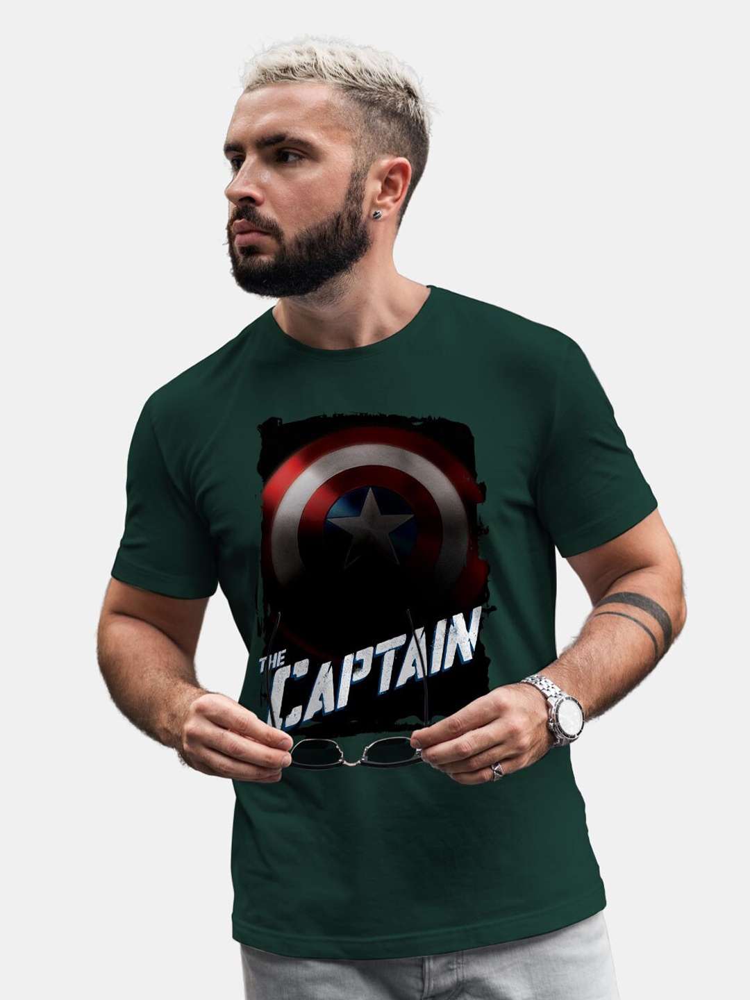 

macmerise Captain America Printed Bio Finish Cotton T-shirt, Green