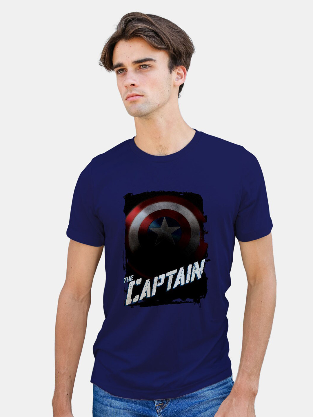

macmerise Captain America Printed Bio Finish Cotton T-Shirt, Navy blue
