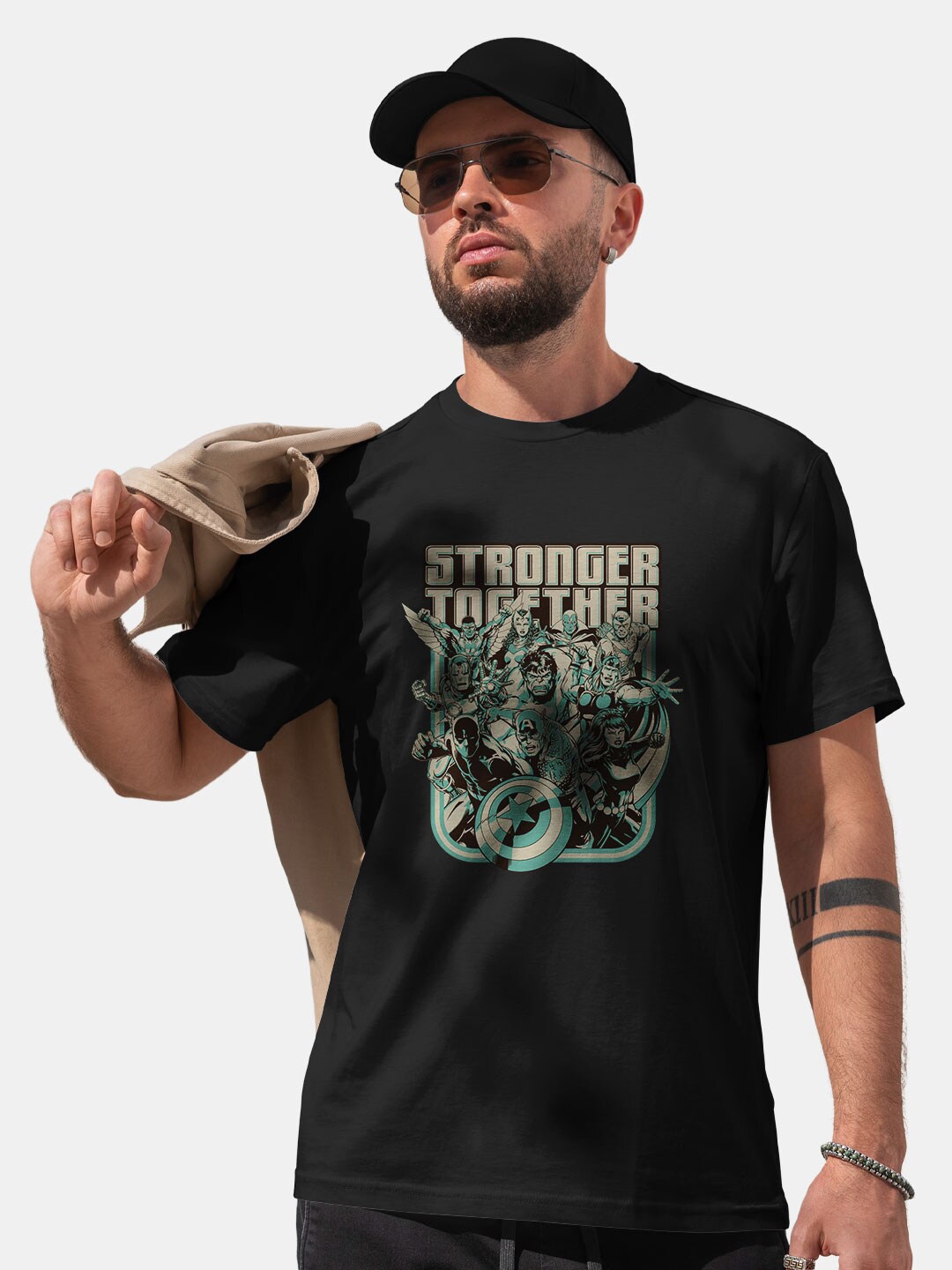 

macmerise Stronger Together Printed Bio Finish Cotton T-Shirt, Black