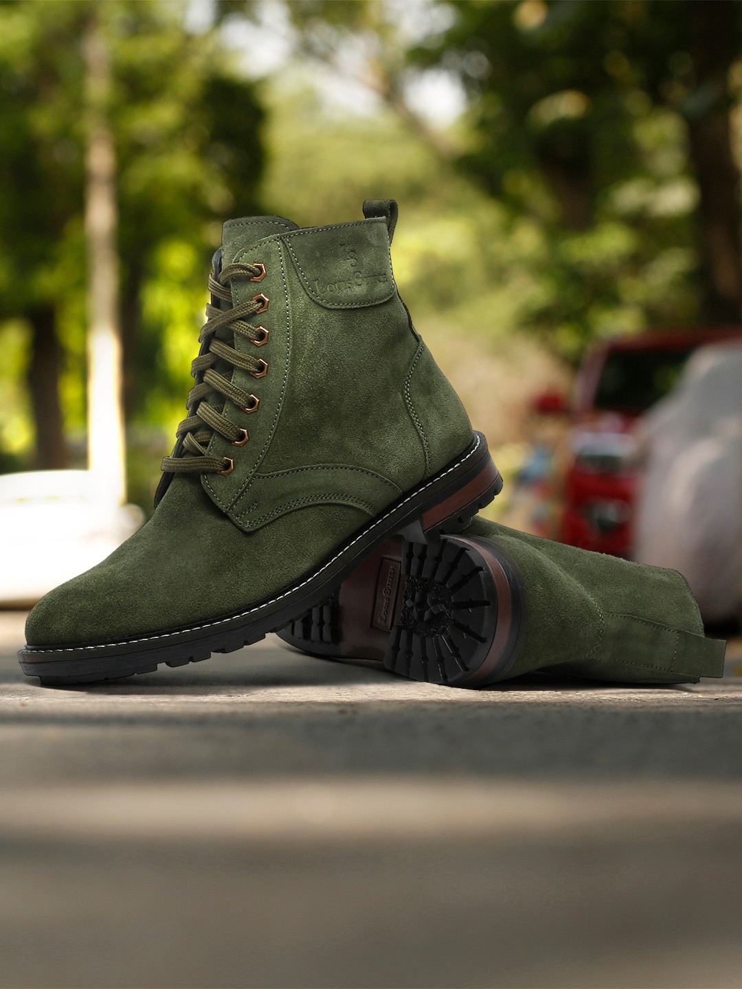 

LOUIS STITCH Men Suede Leather High-Top Biker Boots, Green