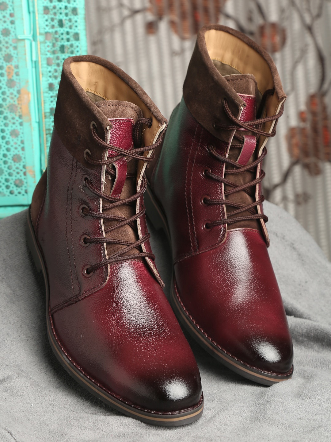 

LOUIS STITCH Men Textured Leather Biker Boots, Maroon