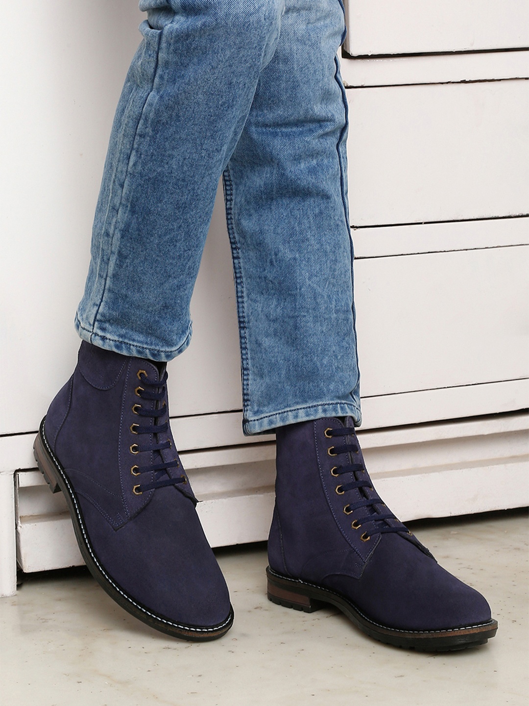 

LOUIS STITCH Men Suede Mid-Top Biker Boots, Navy blue