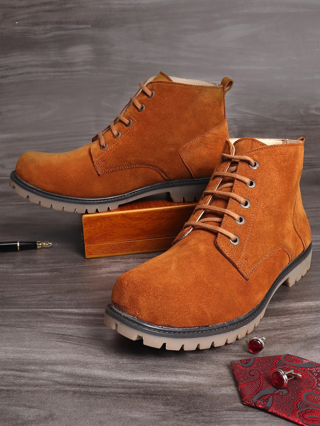 

LOUIS STITCH Men Suede Mid-Top Biker Boots, Tan