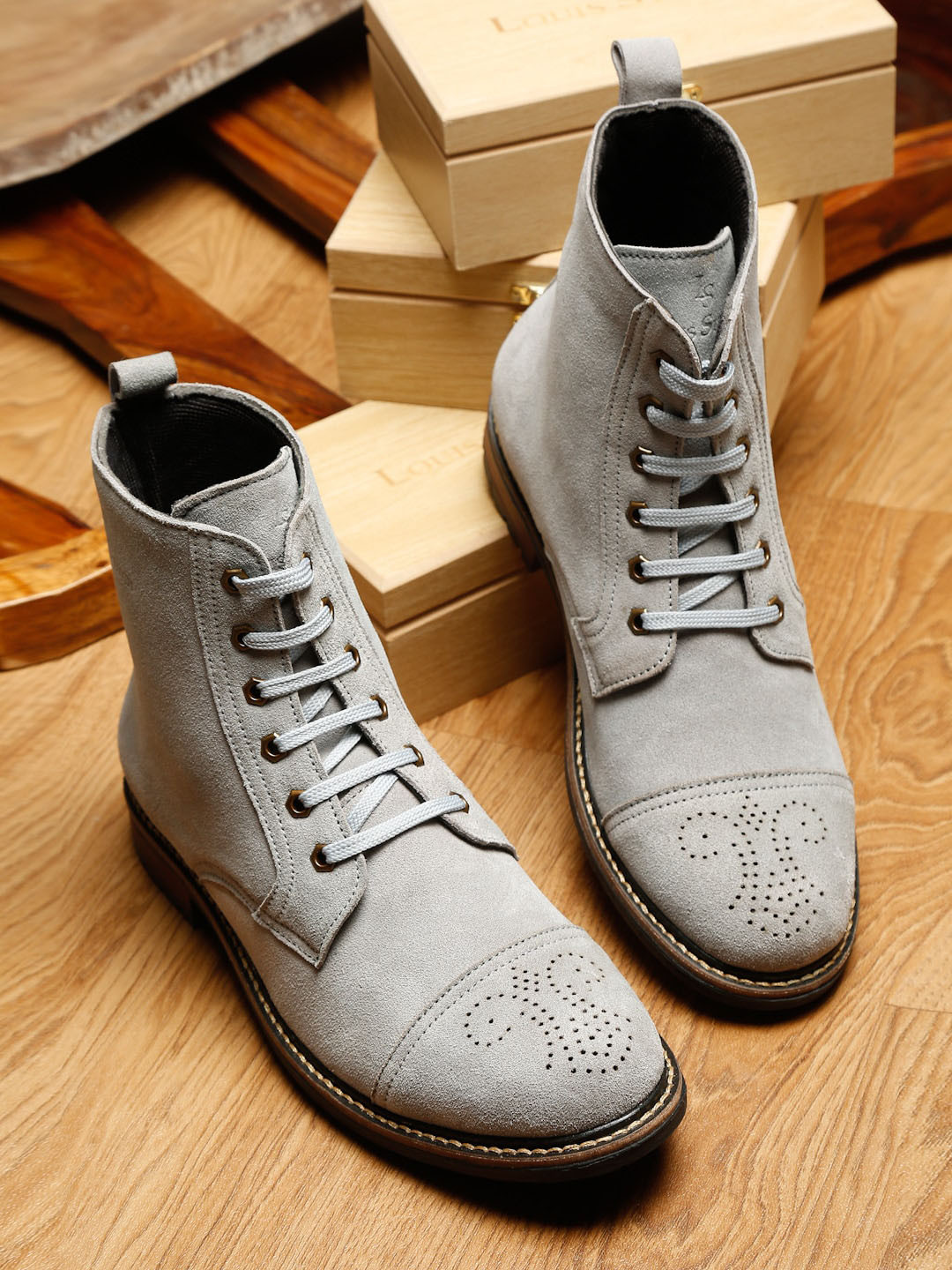 

LOUIS STITCH Men Perforated Suede High-Top Biker Boots, Grey