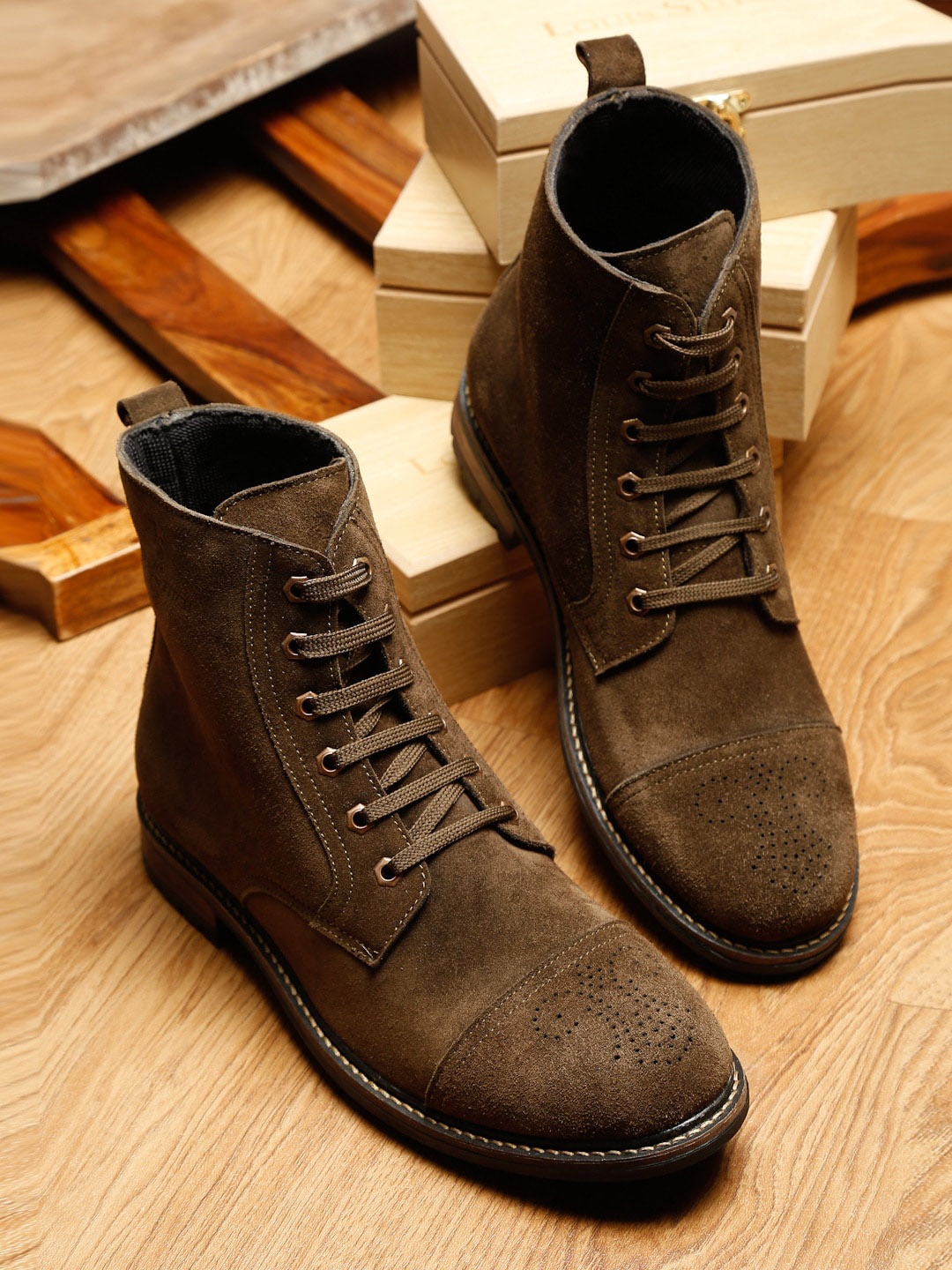 

LOUIS STITCH Men Perforated Suede High-Top Biker Boots, Olive