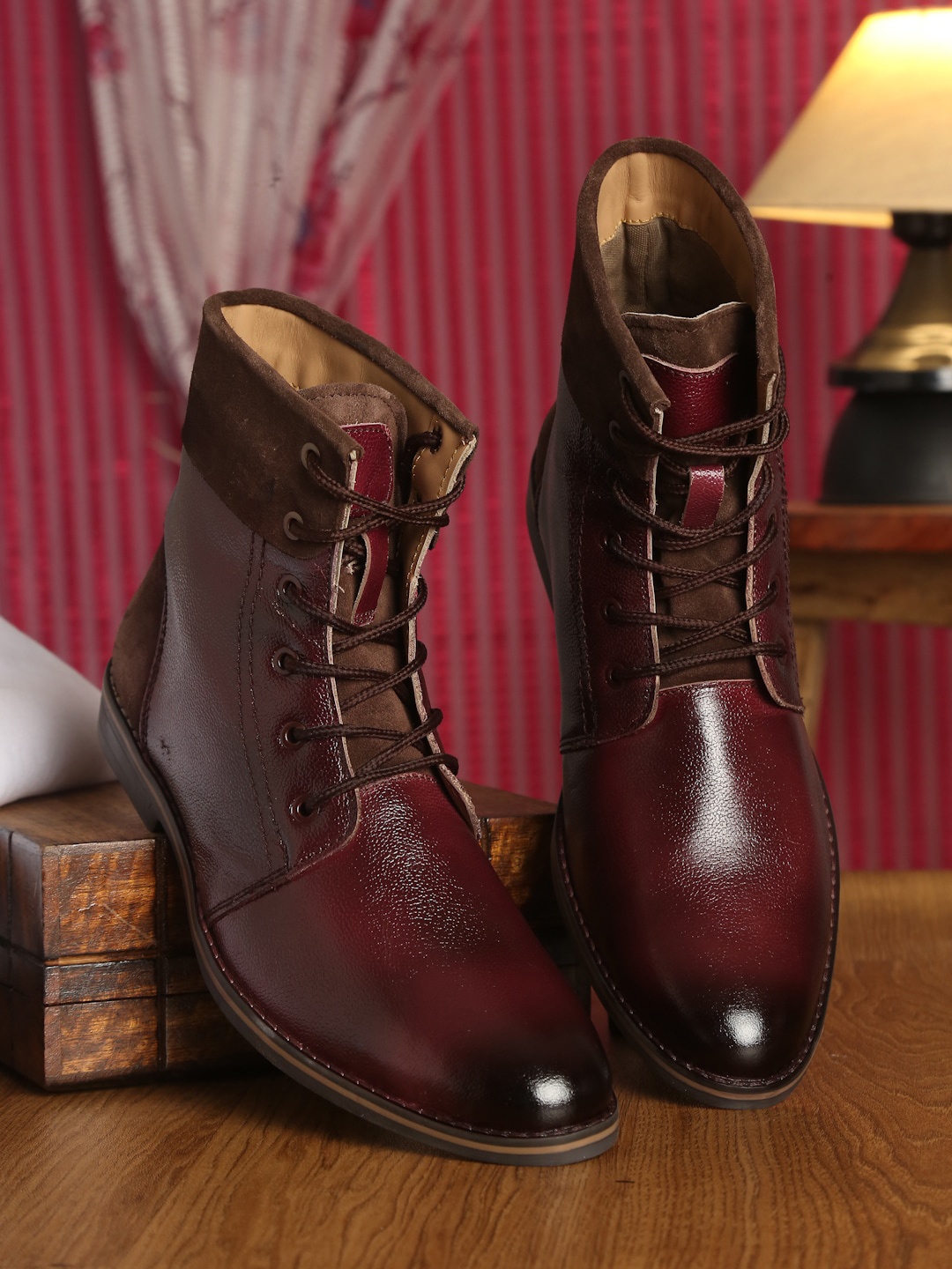 

LOUIS STITCH Men Textured Leather Lightweight Biker Boots, Maroon
