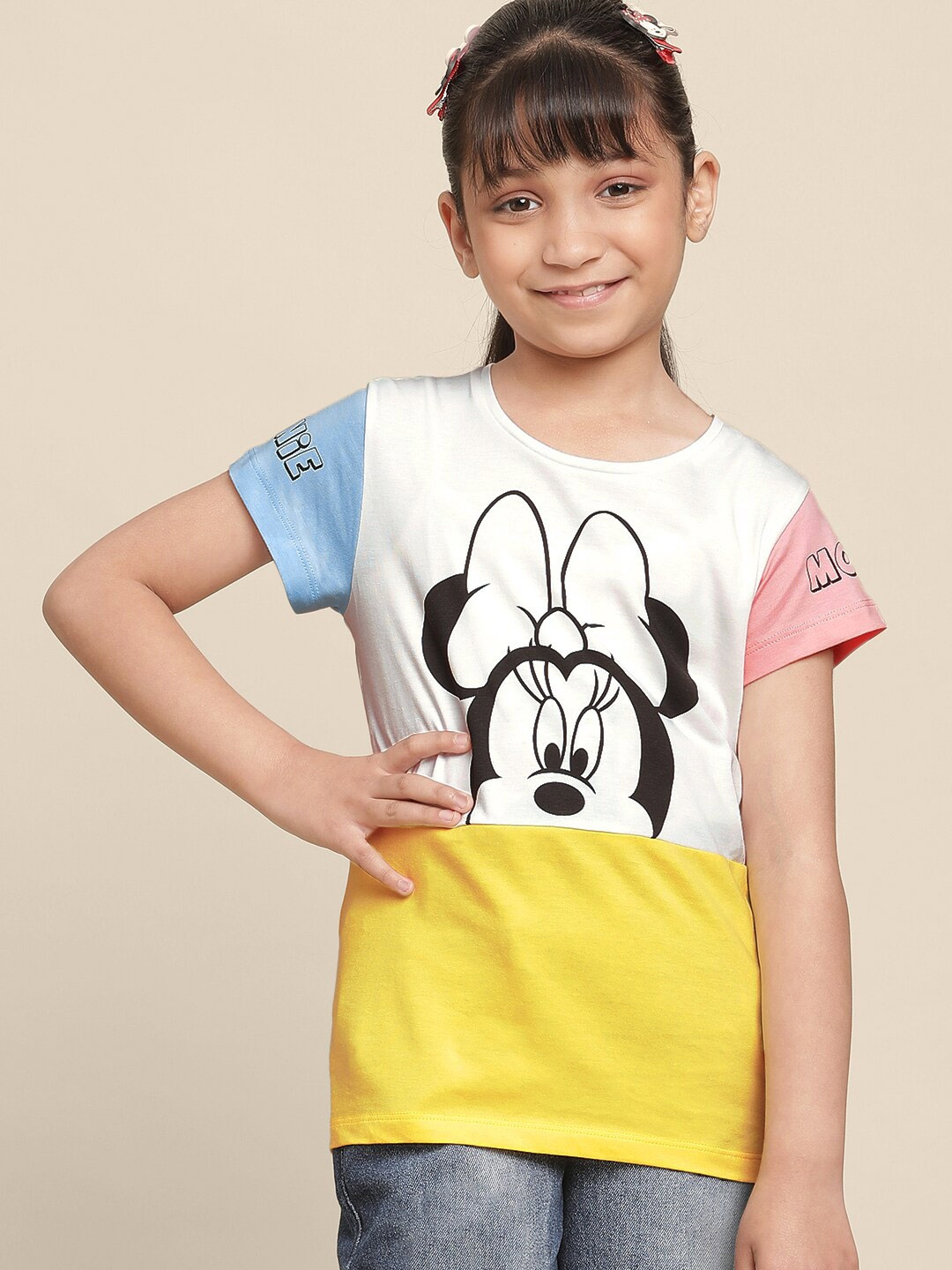 

Kids Ville Girls Colourblocked Minnie Mouse Printed Round Neck Cotton T-Shirt, White