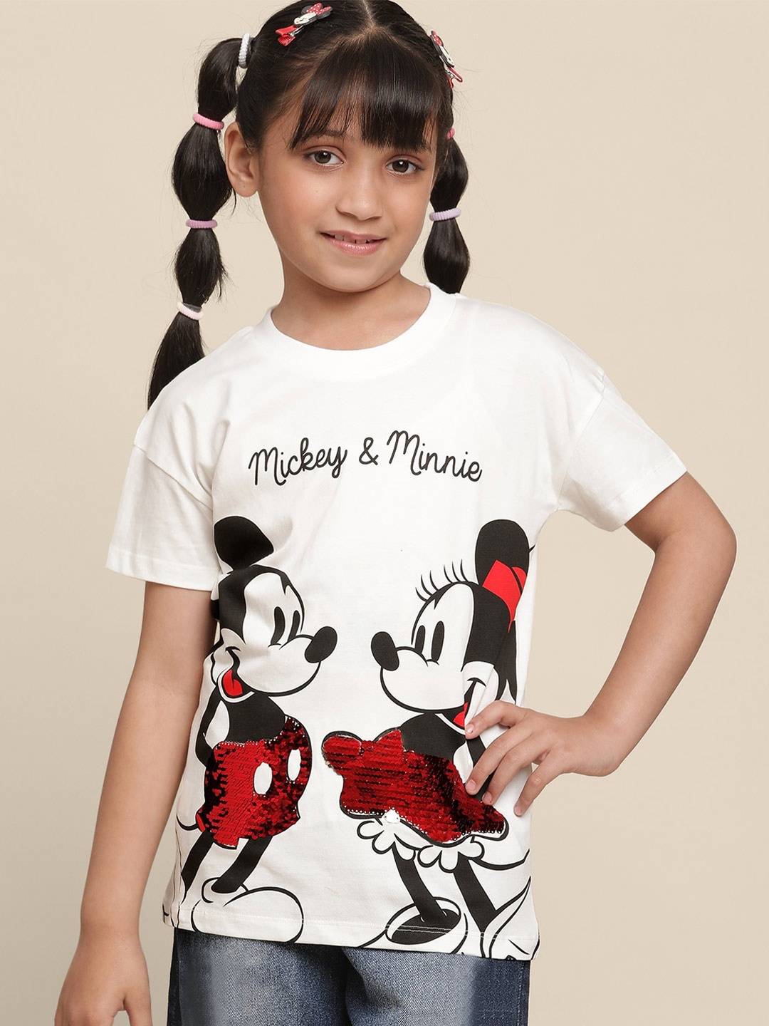 

Kids Ville Girls Mickey & Friends Printed Cotton T-Shirt, Off white