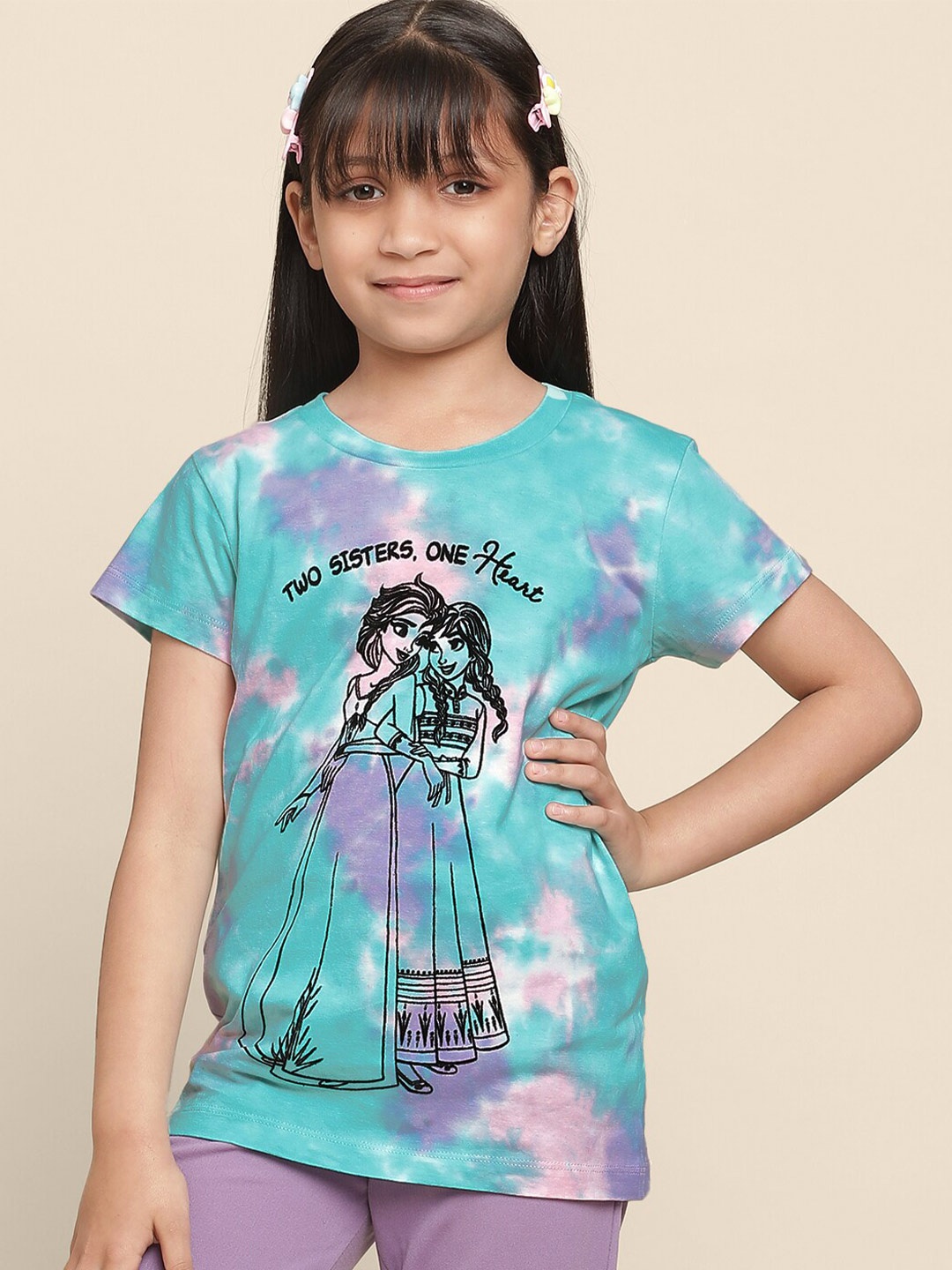 

Kids Ville Girls Frozen & Tie Dye Printed Cotton T-Shirt, Blue