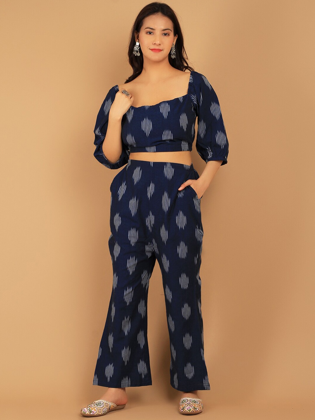 

INDOPHILIA Ikat Printed Cotton Top & Trousers, Blue