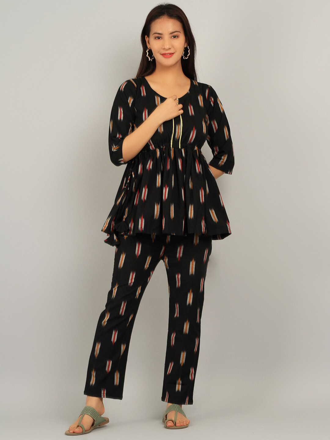 

INDOPHILIA Ikat Printed Cotton Tunic & Trousers, Black
