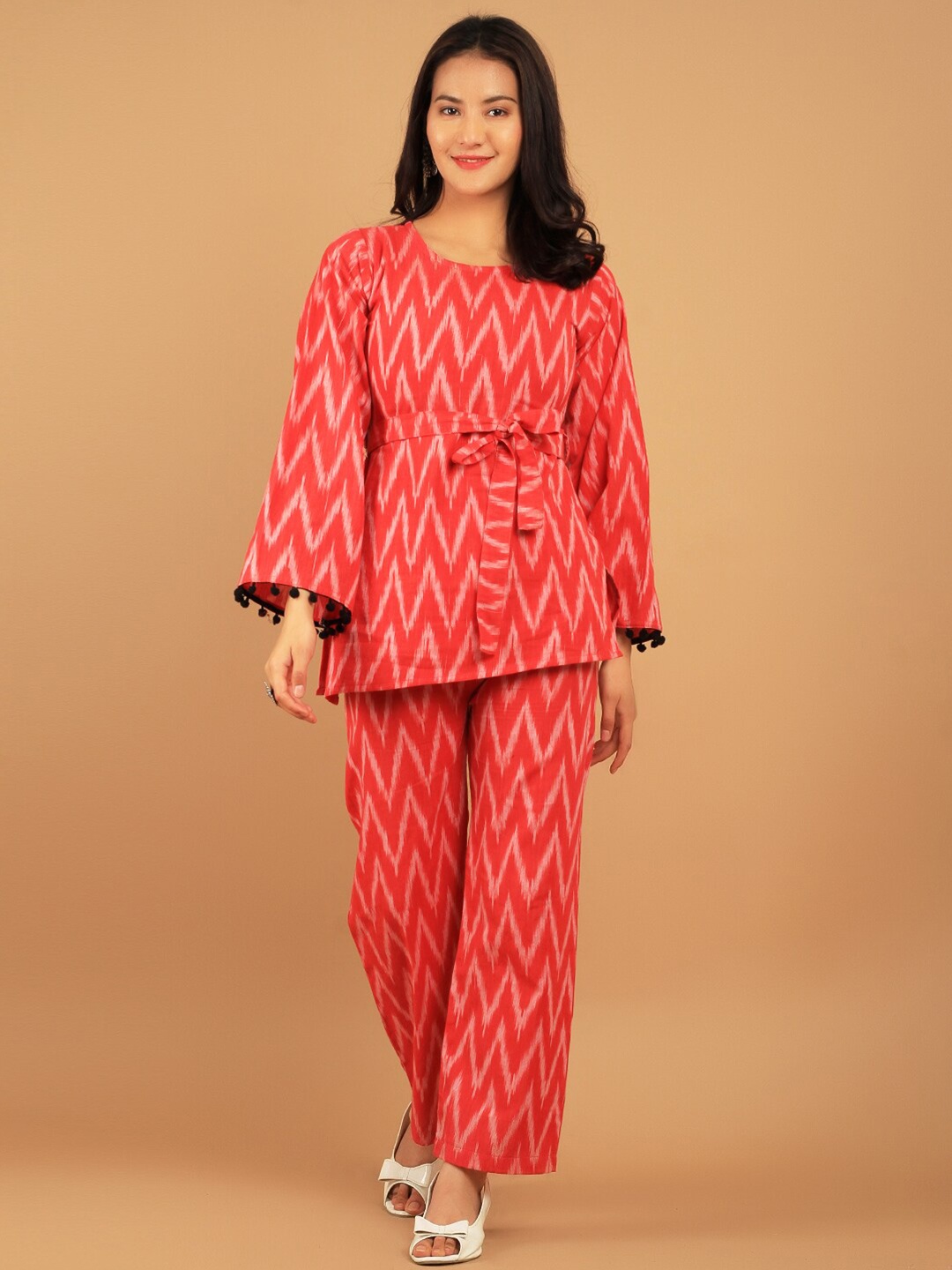 

INDOPHILIA Ikat Printed Cotton Top & Trousers, Red