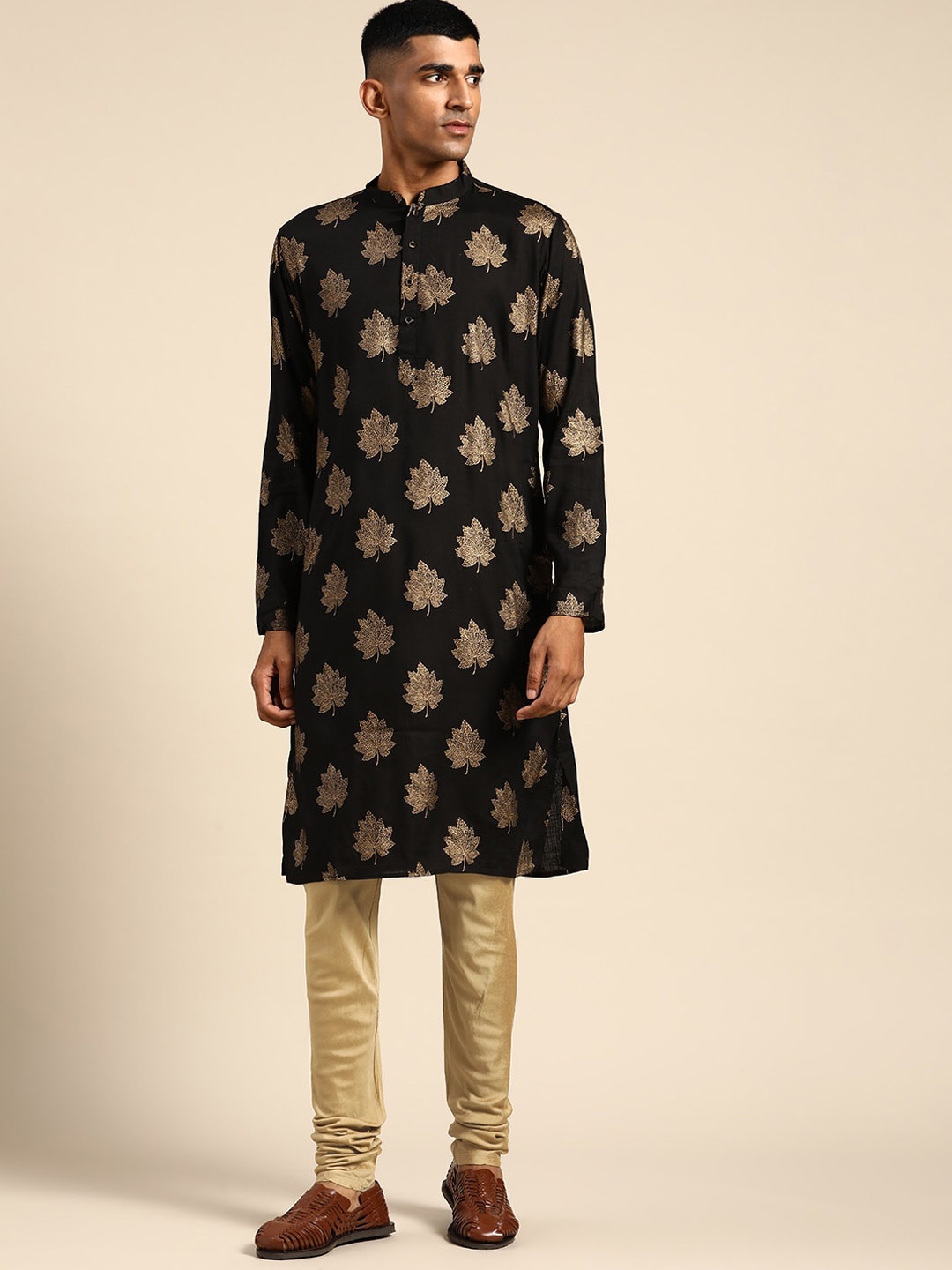 

KISAH Mandarin Collar Printed Kurta, Black