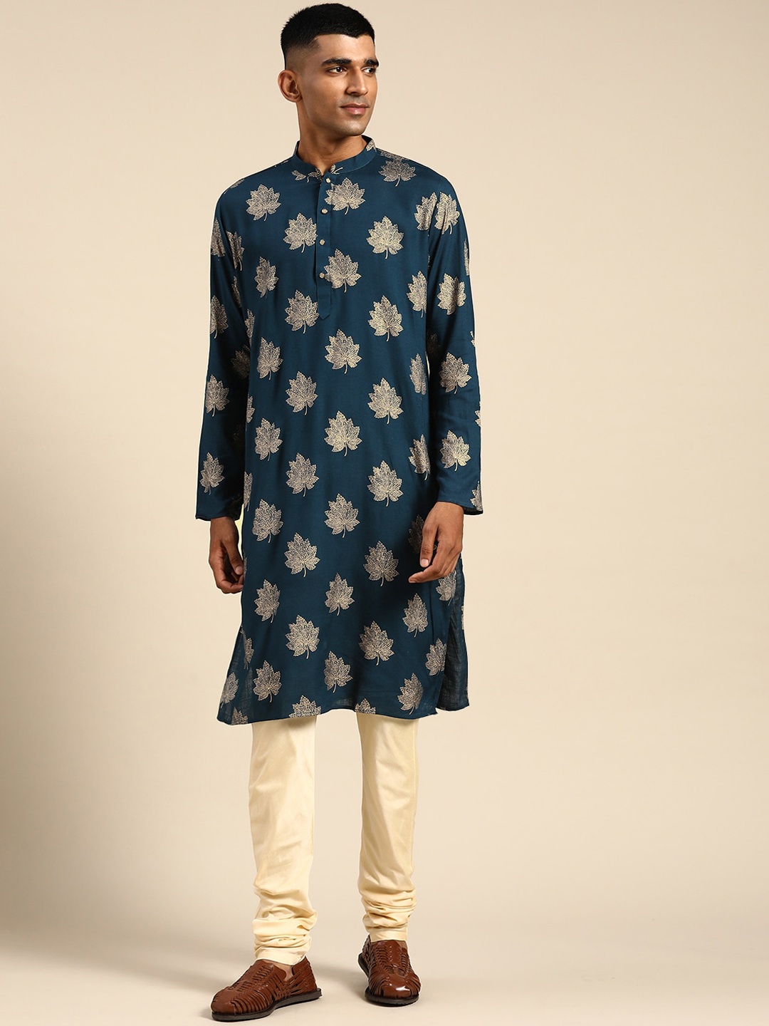 

KISAH Ethnic Motifs Printed Mandarin Collar Kurta, Teal