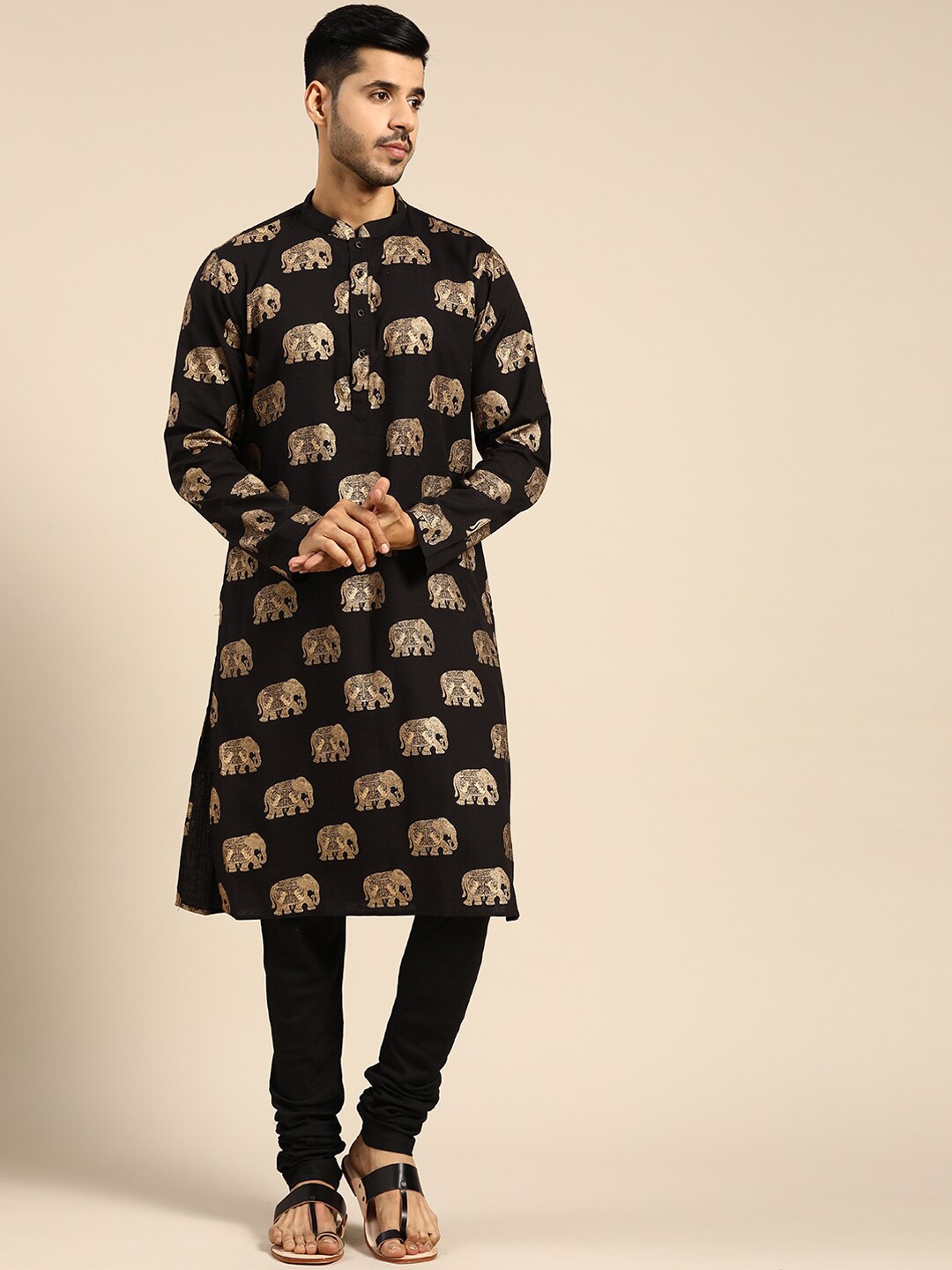 

KISAH Ethnic Motifs Printed Mandarin Collar Kurta, Black