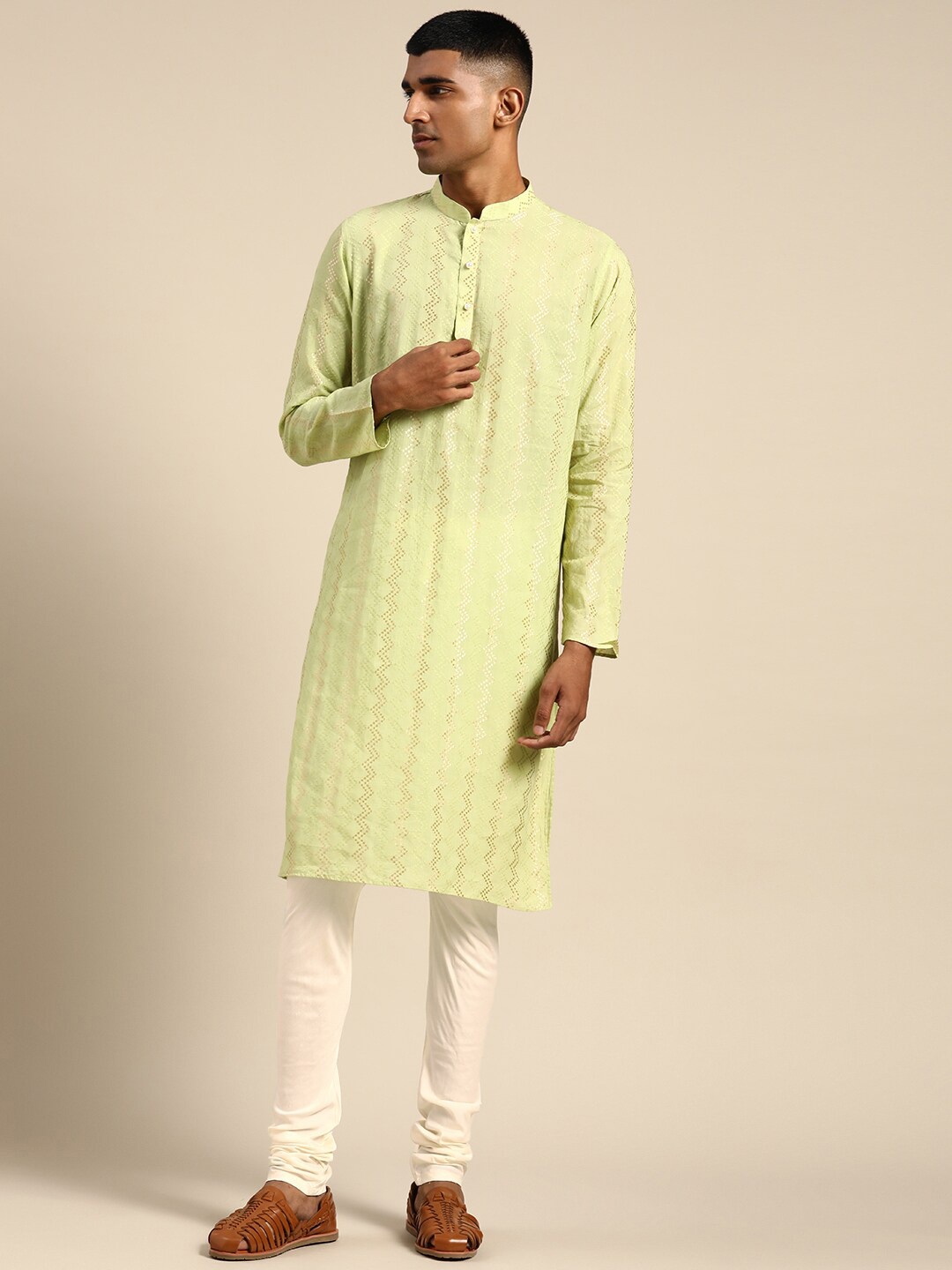 

KISAH Chevron Woven Design Mandarin Collar Kurta, Lime green