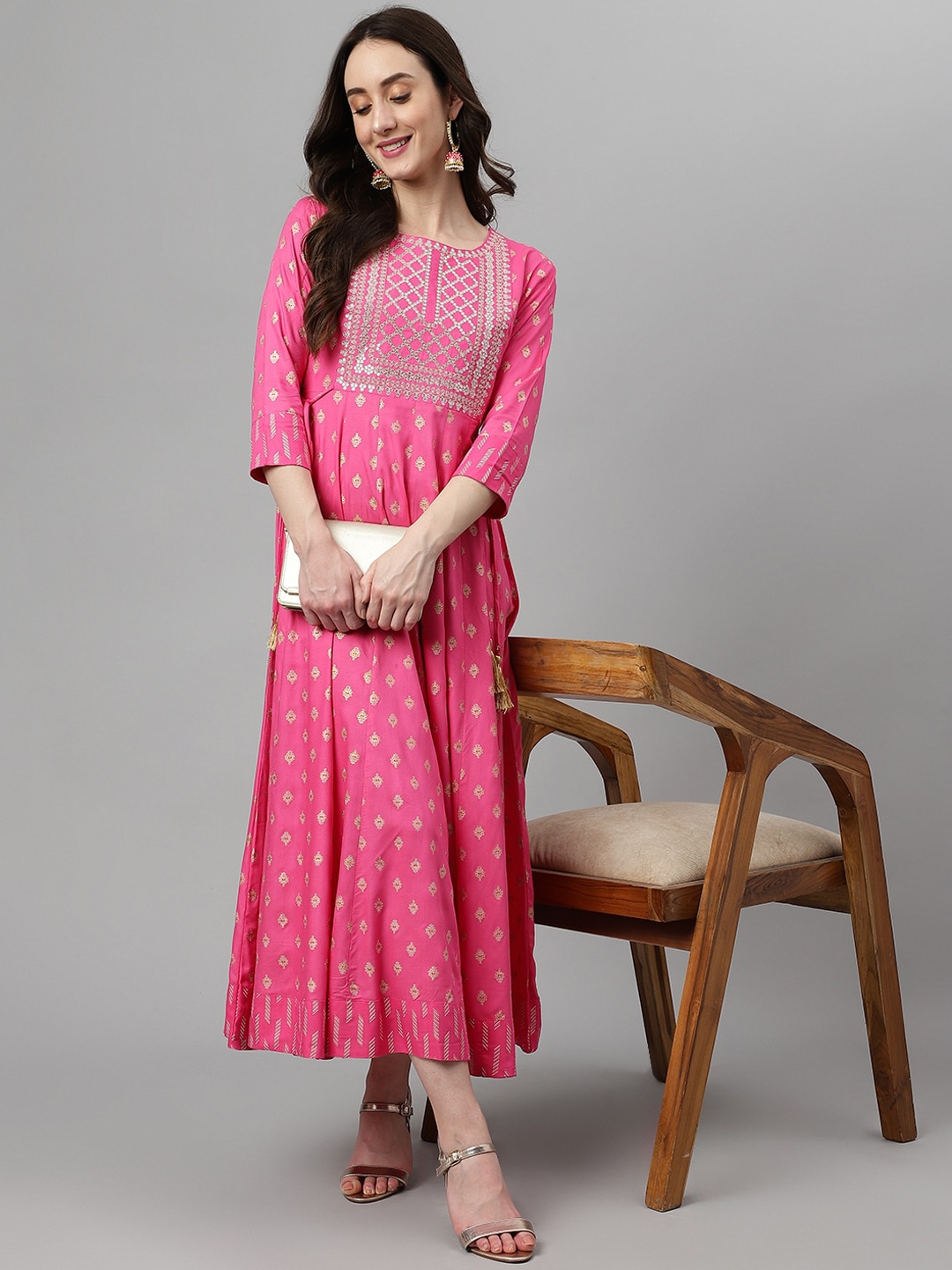 

Khushal K Ethnic Motifs Printed Gotta Patti Fit & Flare Ethnic Dress, Pink