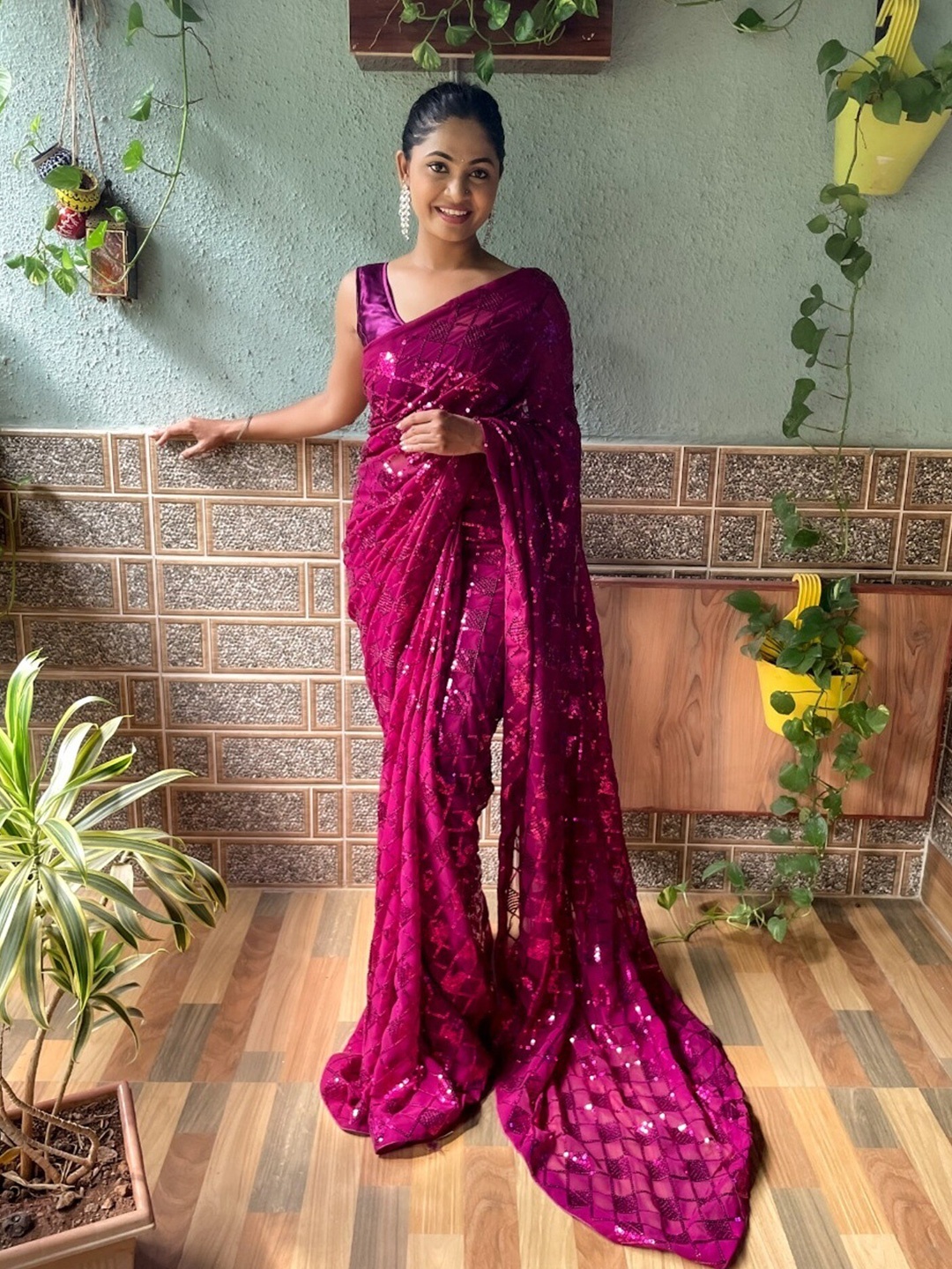 

Mitera Embellished Sequinned Work Saree, Magenta