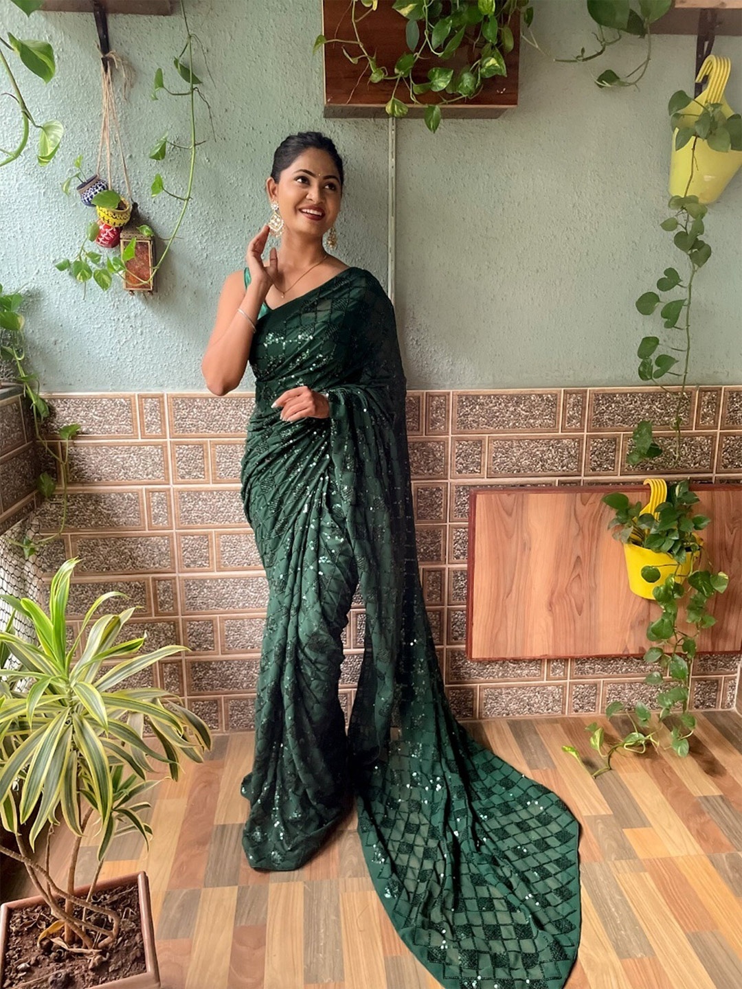 

Mitera Embellished Sequinned Work Saree, Green