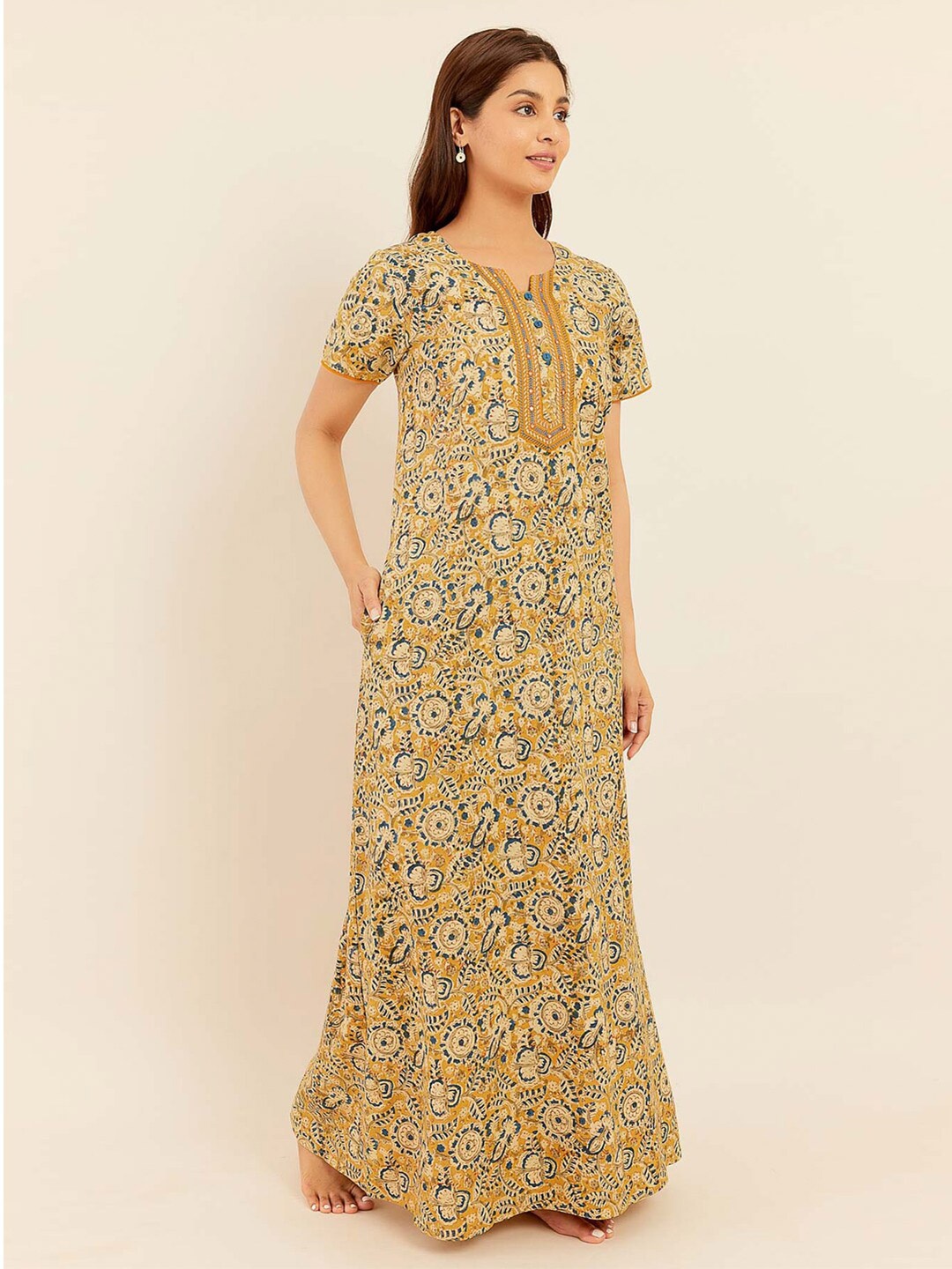 

Maybell Ethnic Motifs Printed Pure Cotton Maxi Nightdress, Mustard