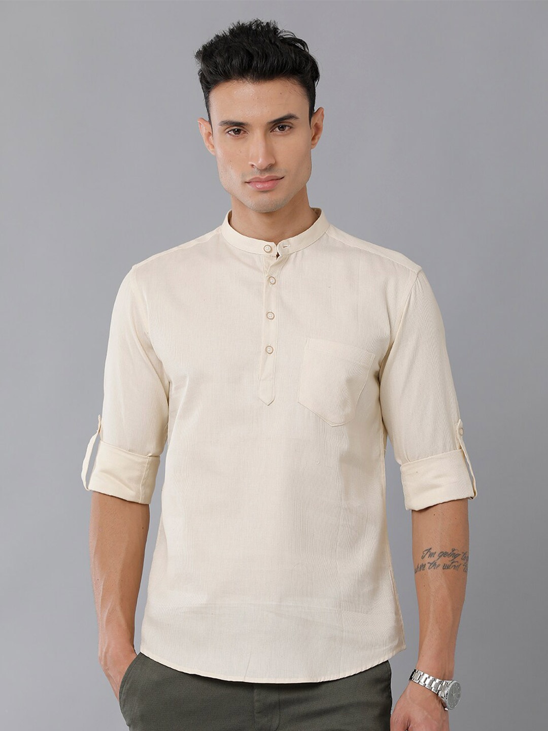 

YOVISH Mandarin Collar Cotton Casual Shirt, Beige