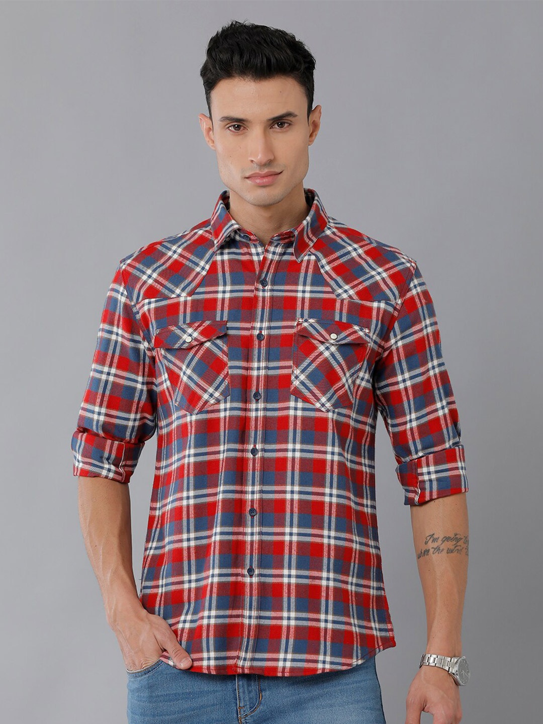 

YOVISH Tartan Checks Cotton Casual Shirt, Red