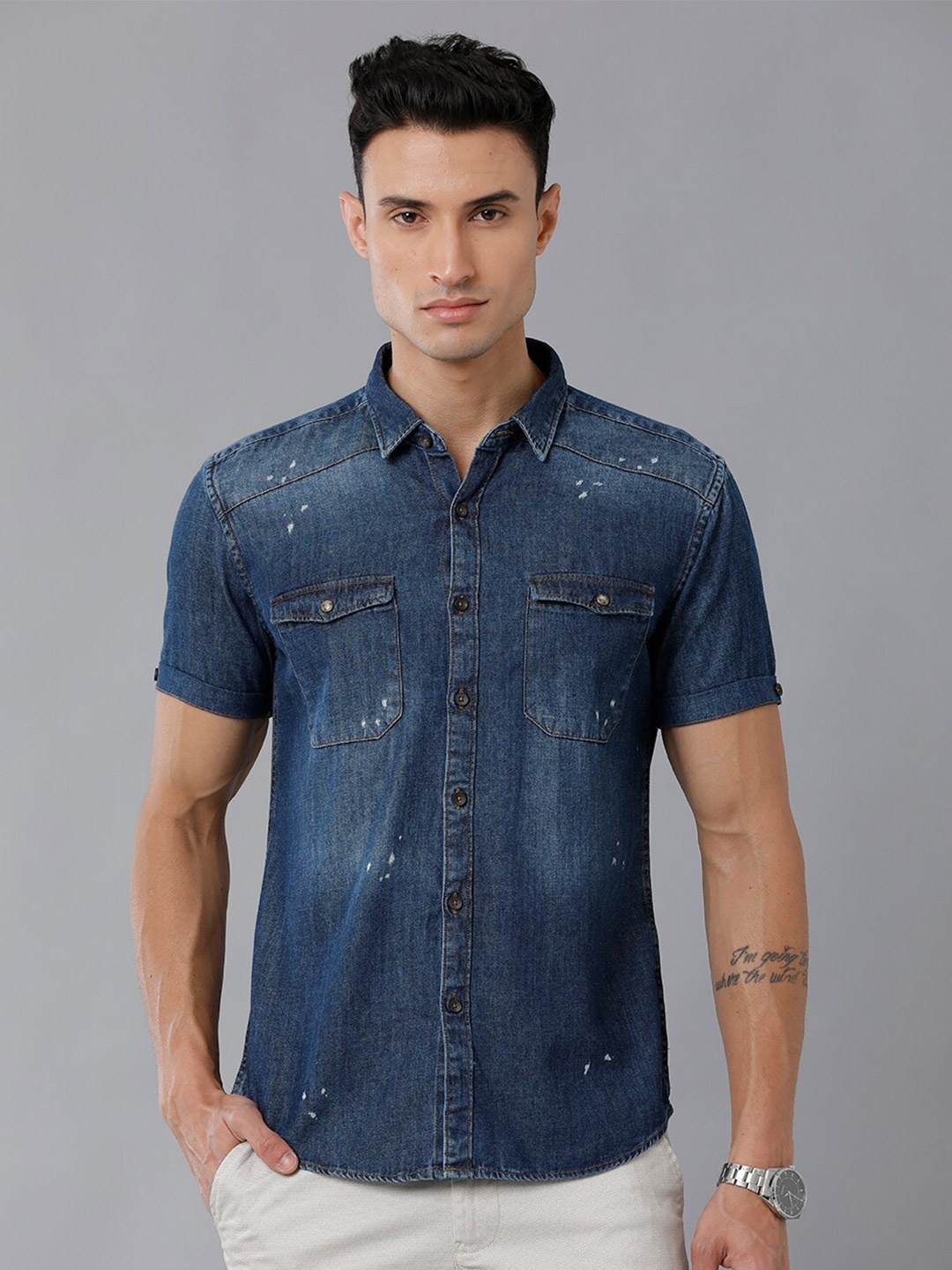 

YOVISH Short Sleeves Faded Comfort Fit Cotton Denim Casual Shirt, Blue
