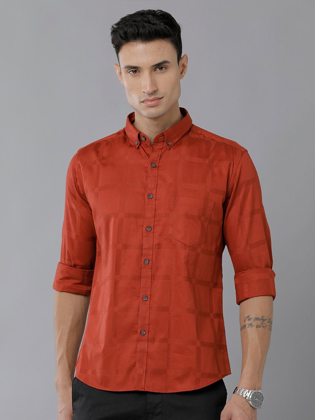 

YOVISH Button Down Collar Checks Comfort Fit Cotton Casual Shirt, Rust