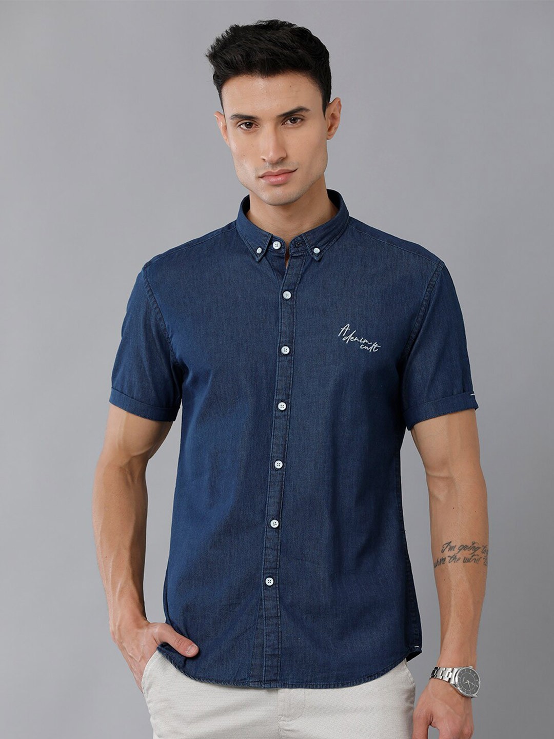 

YOVISH Comfort Button-Down Collar Denim Casual Shirt, Navy blue
