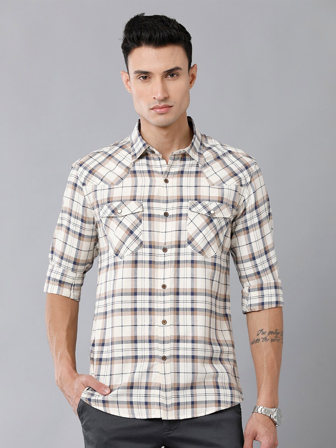 

YOVISH Tartan Checked Long Sleeves Comfort Fit Cotton Casual Shirt, Off white