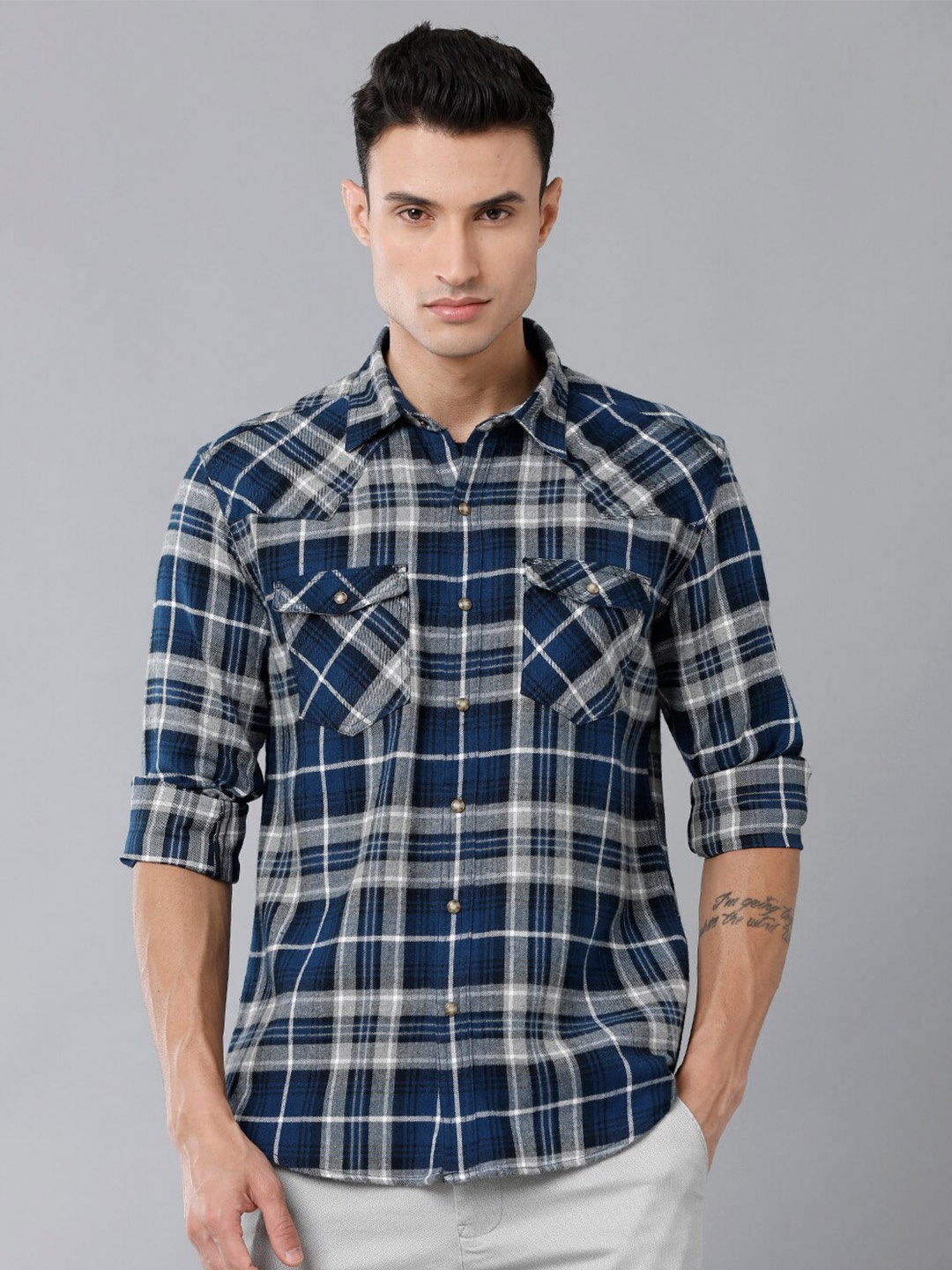 

YOVISH Tartan Checked Long Sleeves Comfort Fit Cotton Casual Shirt, Blue