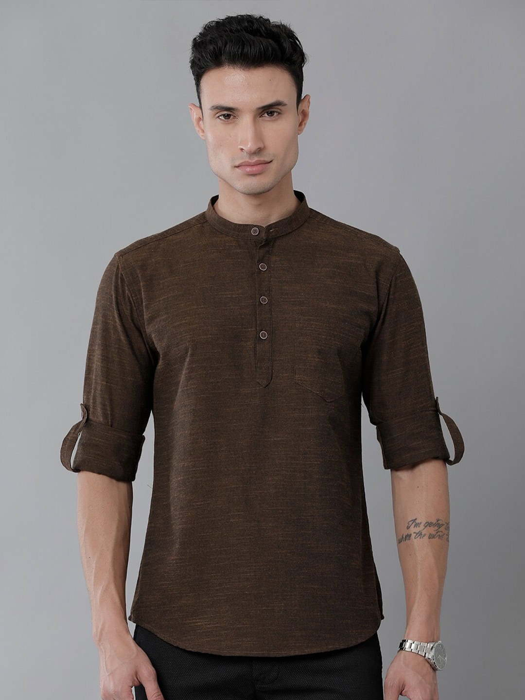 

YOVISH Mandarin Collar Roll-Up Sleeves Comfort Fit Cotton Casual Shirt, Brown