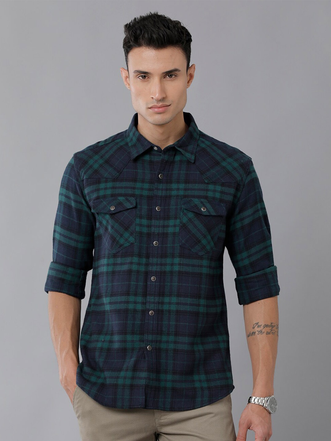 

YOVISH Tartan Checked Long Sleeves Comfort Fit Cotton Casual Shirt, Teal