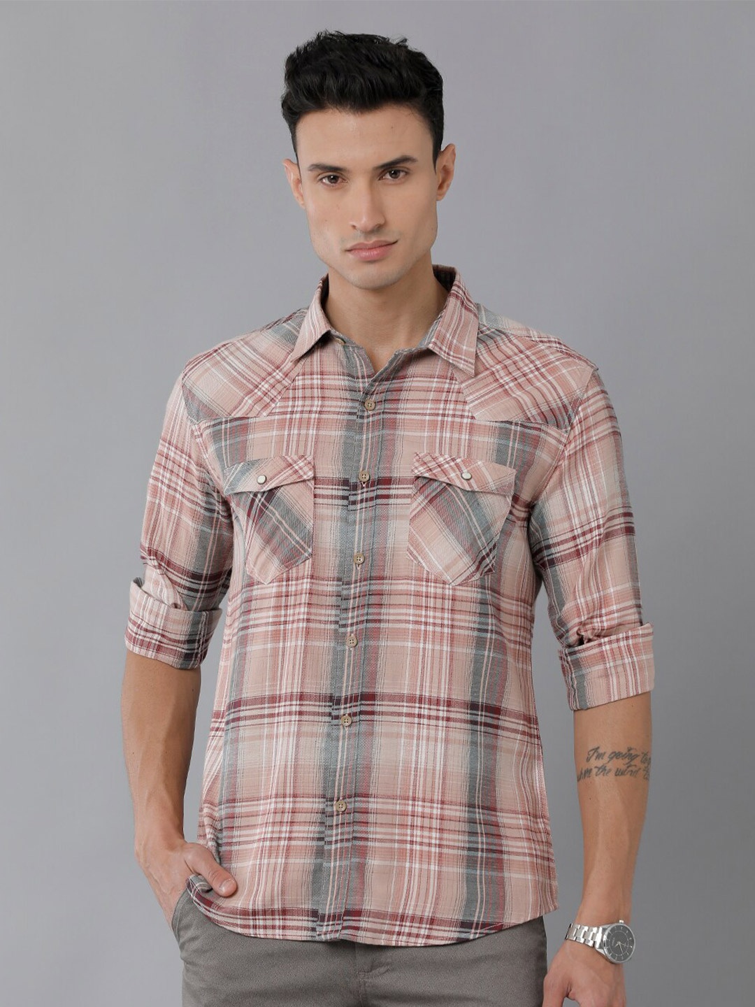 

YOVISH Tartan Checked Long Sleeves Comfort Fit Cotton Casual Shirt, Peach