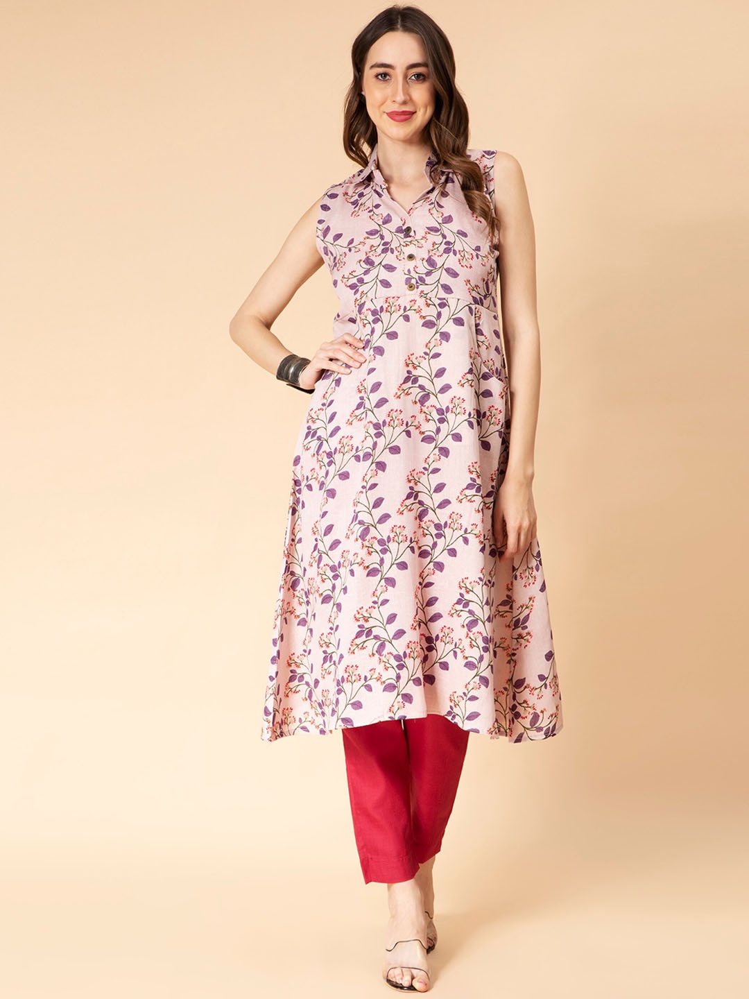 

Fabclub Floral Printed Shirt Collar A-Line Kurta with Trousers, Pink