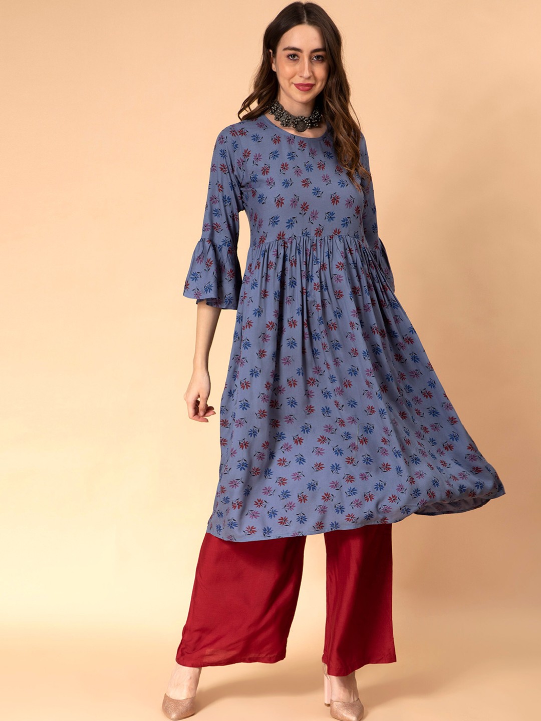 

Fabclub Floral Printed Bell Sleeves Anarkali Kurta with Palazzos, Blue